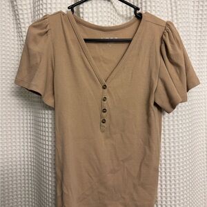Tan V-Neck Buttoned Women's Top